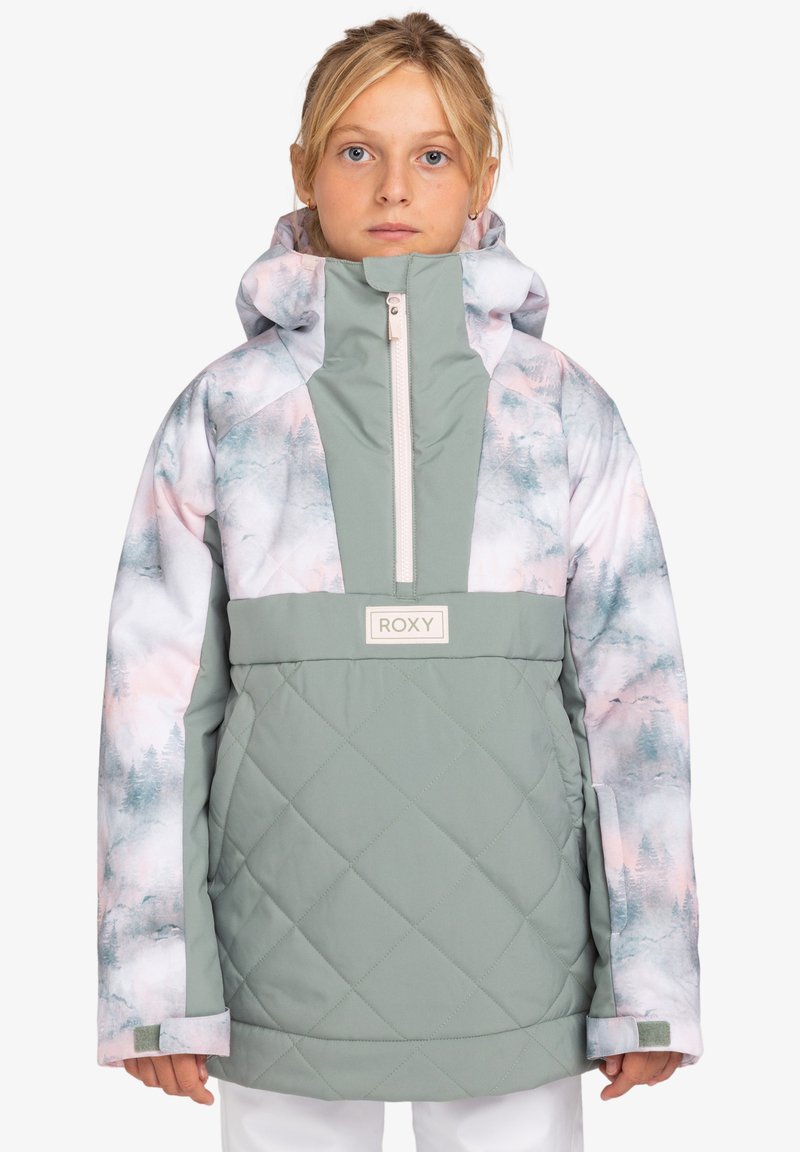 Lätt vadderad jacka med mintgrön kropp, pastellfärgat blommönster på ärmarna, halvdragkedja framtill och Roxy-logotypdetalj på bröstet.