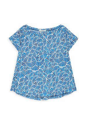 Blue and white short-sleeve blouse with an abstract, fan-shaped pattern and a slightly rounded hem.