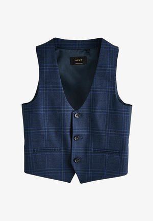 Marineternetternes plaid vest med v-udskæring, to frontlommer og fem knapper. Fremstillet af stof med en tekstureret overflade.