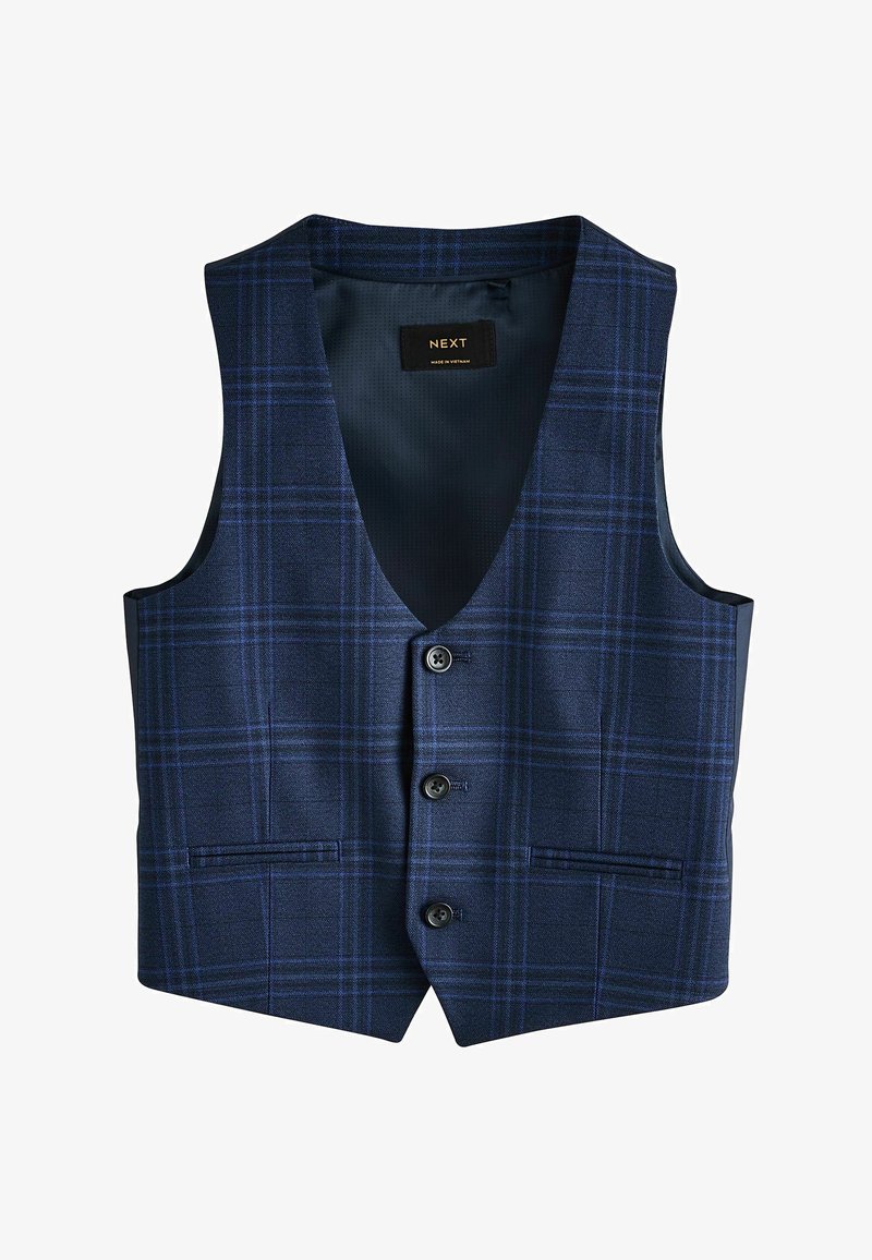 Námornícky károvaný vest s véčkovým výstrihom, dvoma prednými vreckami a piatimi gombíkmi. Vyrobený z textúrovaného materiálu.