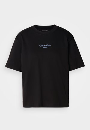 Black cotton t-shirt with a round neck, short sleeves, and blue embroidered "Calvin Klein JEANS" logo on the front.