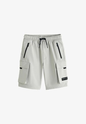 Helehallid cargo-shortsid, millel on elastne vöökoht, must nöör, kaks lukuga küljetaskut ja kaks klapiga taskut musta detailiga tabidega.