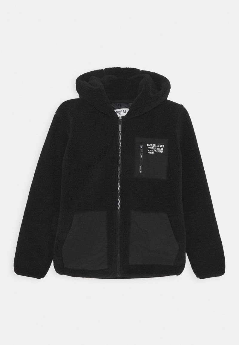 Hoodie en polaire noire avec fermeture éclair à l'avant, tissu texturé, deux poches à patch noires et une petite étiquette logo sur la poche poitrine.