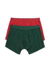 Boxer shorts de algodón rojos y verdes apilados, con cinturillas elásticas de textura suave y un diseño simple.