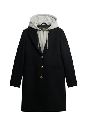 Black coat with a gray hoodie attached. Features a tailored design, notched lapels, gold buttons, and front pockets.