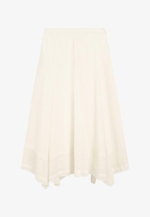 Hvid A-line midi nederdel med flagrende bund og subtile lodrette sømme, med et tekstureret bredt kantbånd.