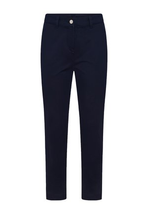 Pantalon bleu marine taille fine avec bouton frontal et passants pour ceinture, coupe chevilles, et détails subtils de coutures.