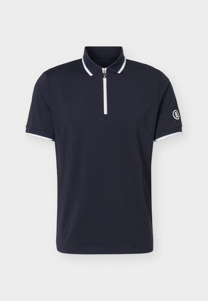 Polo a maniche corte color navy con rifiniture bianche sul colletto e sui bordi delle maniche, e una cerniera frontale che si estende fino a metà petto.
