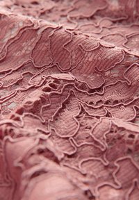 Hindbærpink blondestof med indviklede snoede mønstre, struktureret overflade og fine kanter, velegnet til elegante beklædningsgenstande.