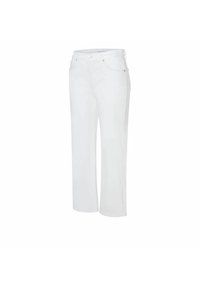 White straight-leg jeans made of cotton. Features five pockets, a zip fly, and a single button closure. Light texture with minimal stitching.