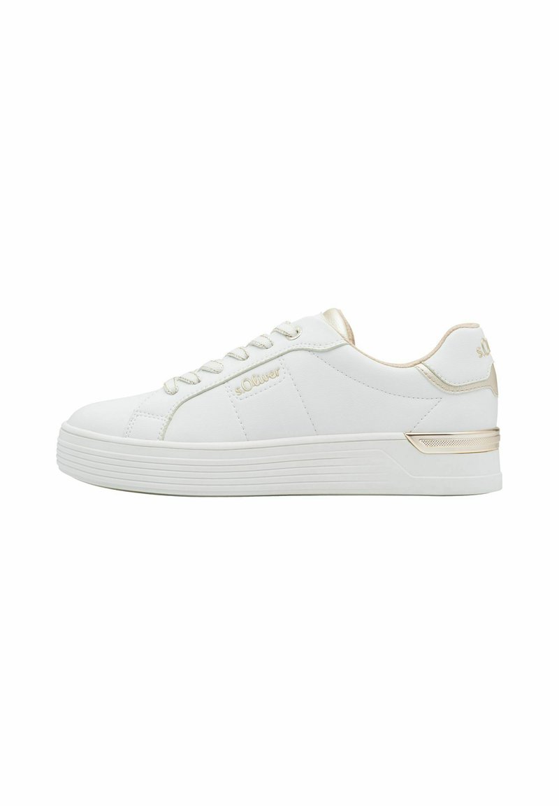 Weiße Ledersneaker mit goldenen Akzenten. Sie verfügen über eine runde Zehenpartie, eine Schnürung und eine klobige, rutschfeste Plattformsohle.