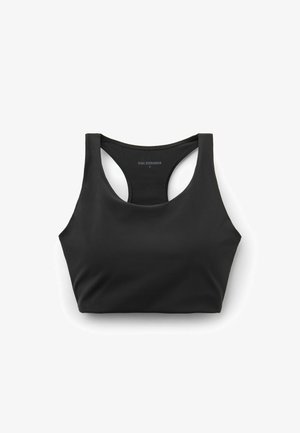 Sort sports-bh lavet af strækbart materiale. Har en rund udskæring og brede skulderstropper. Mærket indeni læser "CALZEDONIA" med størrelse "S."