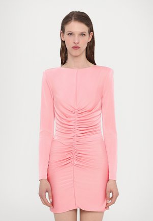 Pink long-sleeve dress with gathered texture and a fitted silhouette. Round neckline and a hem that curves slightly at the bottom.