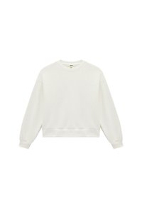Hvid cropped sweatshirt lavet af blødt stof, med rund halsudskæring, lange ærmer med elastiske manchetter og ribbede kanter.
