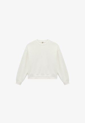 Sudadera corta blanca hecha de tejido suave, con cuello redondo, mangas largas con puños elásticos y dobladillo acanalado.