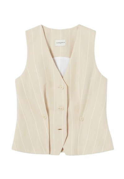 Gilet beige con strisce verticali bianche, caratterizzato da una scollatura a V profonda, quattro bottoni e una texture liscia. Senza maniche e senza colletto.