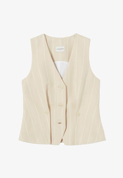 Gilet beige con strisce verticali bianche, caratterizzato da una scollatura a V profonda, quattro bottoni e una texture liscia. Senza maniche e senza colletto.