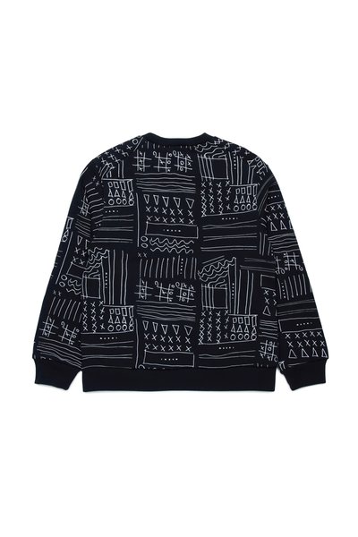 Sudadera nera con motivi grafici bianchi sulla schiena, con varie forme tra cui linee, triangoli e punti.