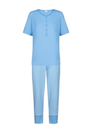 Blå bomulds pyjamas sæt med en kortærmet top med knaplukning og stribede, manchetterede bukser. Blødt stof med en afslappet pasform.