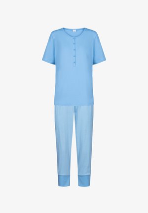 Blå bomulds pyjamas sæt med en kortærmet top med knaplukning og stribede, manchetterede bukser. Blødt stof med en afslappet pasform.