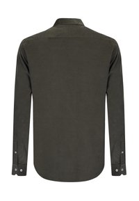 Dunkelgrünes Langarmhemd mit Kragen, glatter Textur und geknöpften Manschetten. Rückansicht zeigt abgerundeten Saum und saubere Nähte.