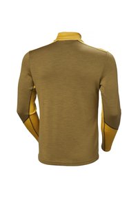 Langarmshirt in olijfgroen met een gele kraag en mouwaccenten. Heeft een gestructureerde stof en contrasterende stiksels langs de naden.