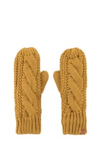 Gebreide mosterdkleurige wanten met een kabelpatroon, voorzien van geribbelde manchetten en een gestructureerde afwerking, ontworpen voor warmte en comfort.