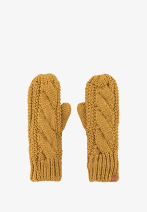 Gebreide mosterdkleurige wanten met een kabelpatroon, voorzien van geribbelde manchetten en een gestructureerde afwerking, ontworpen voor warmte en comfort.