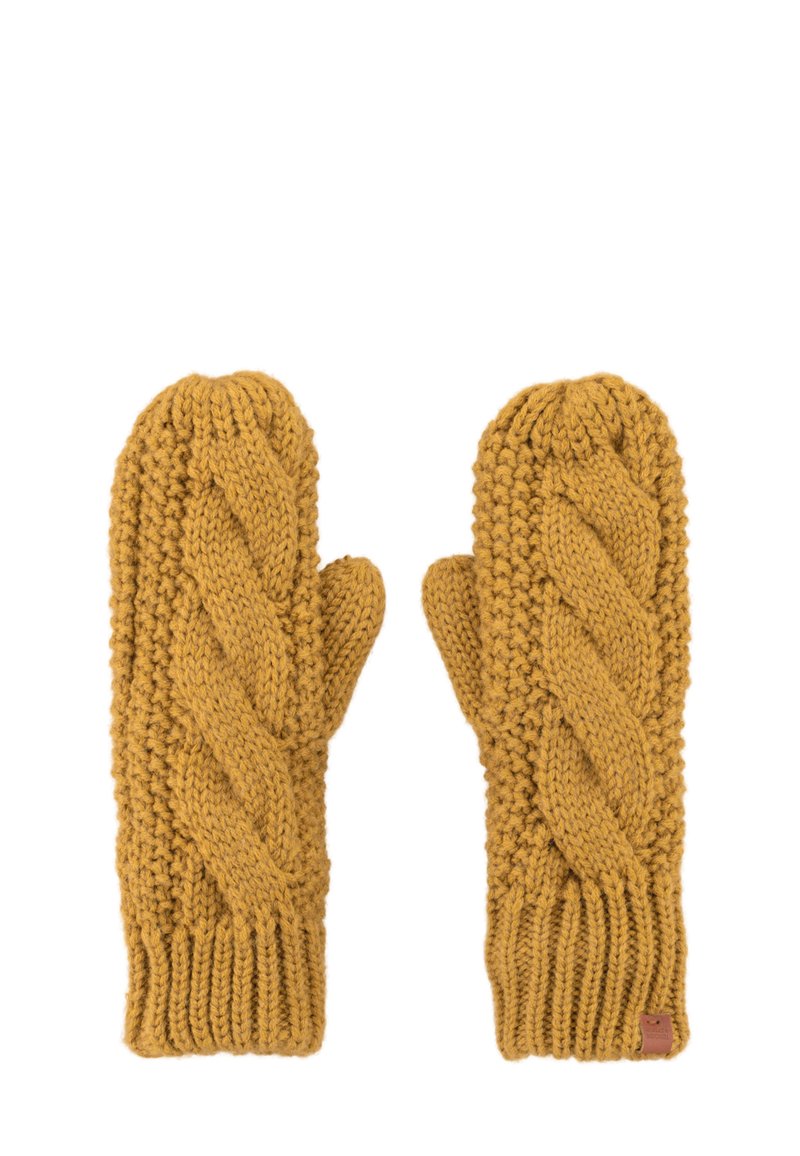 Gebreide mosterdkleurige wanten met een kabelpatroon, voorzien van geribbelde manchetten en een gestructureerde afwerking, ontworpen voor warmte en comfort.