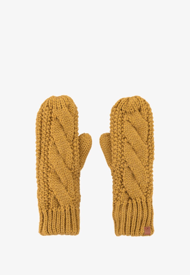 Gebreide mosterdkleurige wanten met een kabelpatroon, voorzien van geribbelde manchetten en een gestructureerde afwerking, ontworpen voor warmte en comfort.