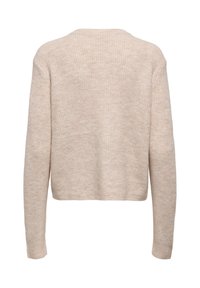 Vaaleanbeige neulottu villapaita, jossa on ribbineulos, pitkät hihat ja leveä pääntie, lyhyt pituus ja hillitty yksityiskohtaisuus.