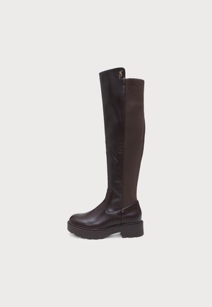 Botte marron foncé montant jusqu’au genou, avec une face avant en cuir lisse, un empiècement latéral élastique, un petit détail de fermeture éclair dorée et une semelle plateforme épaisse.