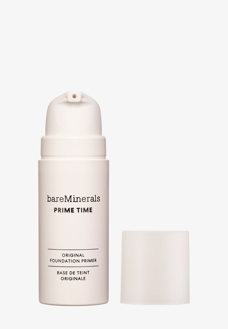 White cylindrical bottle with a pump top, labeled "bareMinerals PRIME TIME," accompanied by a translucent cap. Smooth matte texture.