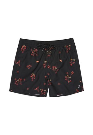 Fekete fürdőnadrág piros és sárga trópusi virág- és madármintával, rugalmas derékpánttal és fekete zsinórral.