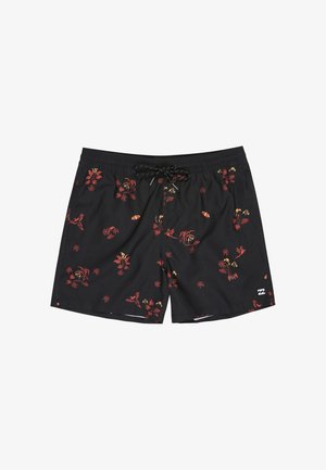Pantalones cortos de baño negros con estampados tropicales de flores y aves en rojo y amarillo, cintura elástica y cordón negro.