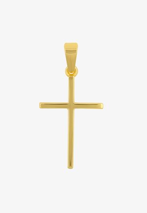 Ciondolo a croce in oro con superficie liscia e piatta. Il design presenta bordi dritti e una barra verticale centrale, sospeso da una semplice anella.