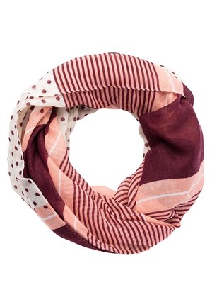 Let, rundt tørklæde med skiftevis bourgogne striber, ferskenfarvede blokke og hvide sektioner med bourgogne prikker.