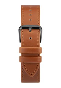 Bracelet de montre en cuir brun avec une texture lisse, doté d'une boucle en métal noir et de trois trous ajustables pour la taille.