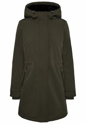Olivengrøn, knælang frakke med hætte, lynlåslommer i siderne, lukning foran og glat stofoverflade. Enkel, funktionel design.