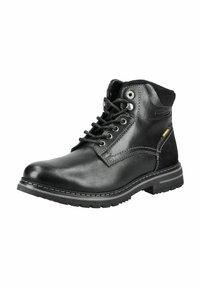 Botas de tobillo de cuero negro con una superficie suave, acentos de ante texturizado, cordones redondos y una suela robusta con un ligero tacón.