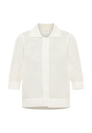 White mesh knit button-up cardigan with three-quarter sleeves and a pointed collar.