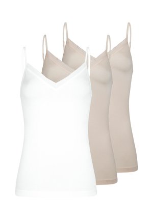 Trzy bezrękawniki na ramiączkach z koronkową lamówką na cienkich paskach, jeden biały z przodu i dwa beżowe z tyłu na białym tle.