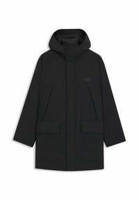 Giacca a vento nera con cappuccio, dotata di chiusura con zip, grandi tasche frontali e un logo discreto sul petto. Tessuto liscio e leggero.