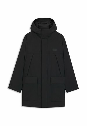 Schwarze Pufferjacke mit Kapuze, mit einem Reißverschluss, großen Fronttaschen und einem dezenten Logo auf der Brust. Glattes, leichtes Material.