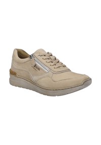 Sneaker in pelle beige con superficie texturizzata, chiusura con lacci, dettaglio con zip laterale e suola in gomma leggera con un leggero tacco.