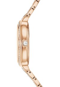 Zegarek w kolorze różowego złota z polerowaną, okrągłą kopertą, ozdobiony małymi kryształkami wzdłuż krawędzi oraz bransoletą z ogniw. Centralnym elementem jest kamień szlachetny.