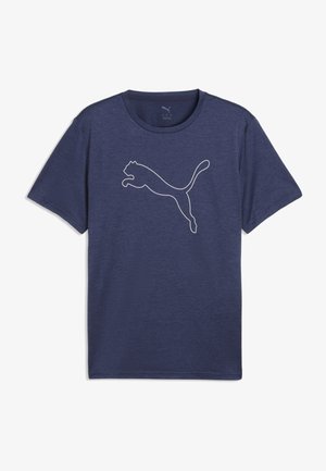 T-shirt blu navy a maniche corte con il contorno bianco del logo di un puma che salta, centrato sul petto.