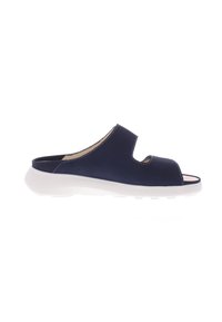 Navy blue slide sandal with a perforated upper design, white sole, and textured footbed. Features a smooth finish and contrast stitching.