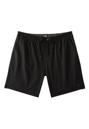 Pantalones cortos casuales negros con cintura elástica, bolsillos delanteros y cordón ajustable, mostrados extendidos sobre un fondo blanco.