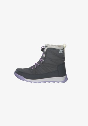 Gray waterproof boots with faux fur trim, purple laces, and white sole. Features quilted design and Sorel logo on the side.